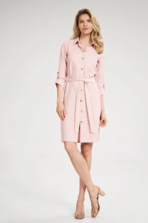 Rochie camasa - roz - cu centura si buzunare - maneci 3/4 - poliester