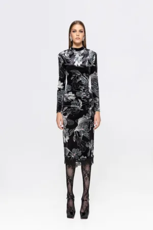 Rochie cambrata cu aspect de catifea si imprimeu