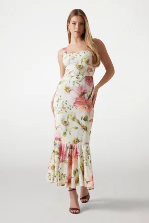 Rochie cambrata cu model floral si terminatie cu volane