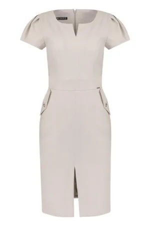 Rochie cambrata cu slit frontal - Bej