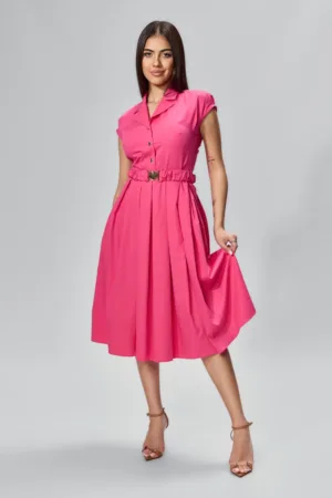 Rochie casual cu butoni aurii in forma de inima si cordon in talie Lorisha Ciclam