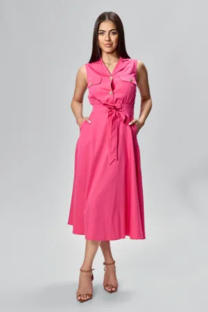 Rochie casual cu butoni aurii si funda in talie Trixie Ciclam
