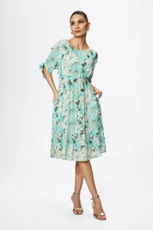 Rochie casual cu imprimeu si elastic in talie Cianna Bleu