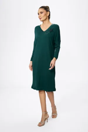 Rochie casual cu strass-uri aplicate si insertii din piele ecologica Ubertha Verde