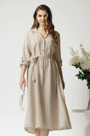 Rochie casual din panza ivory cu dungi maro si nasturi