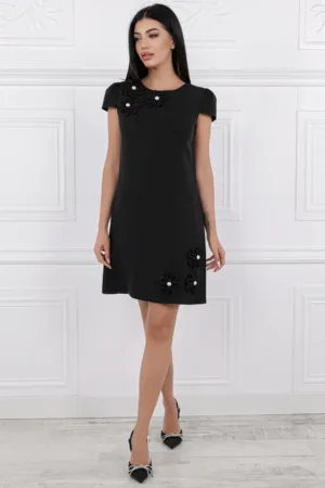 Rochie casual eleganta cu flori aplicate si buzunare