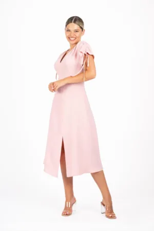 Rochie casual roz din vascoza cu maneca scurta reglabila