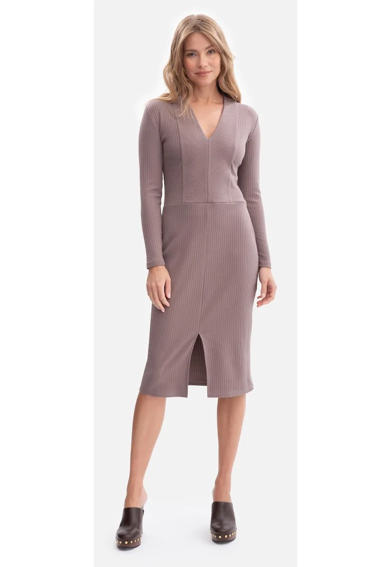 Rochie creion - B307 Cacao maneci lungi - decolteu in V - dantela - fara captuseala - lungime midi