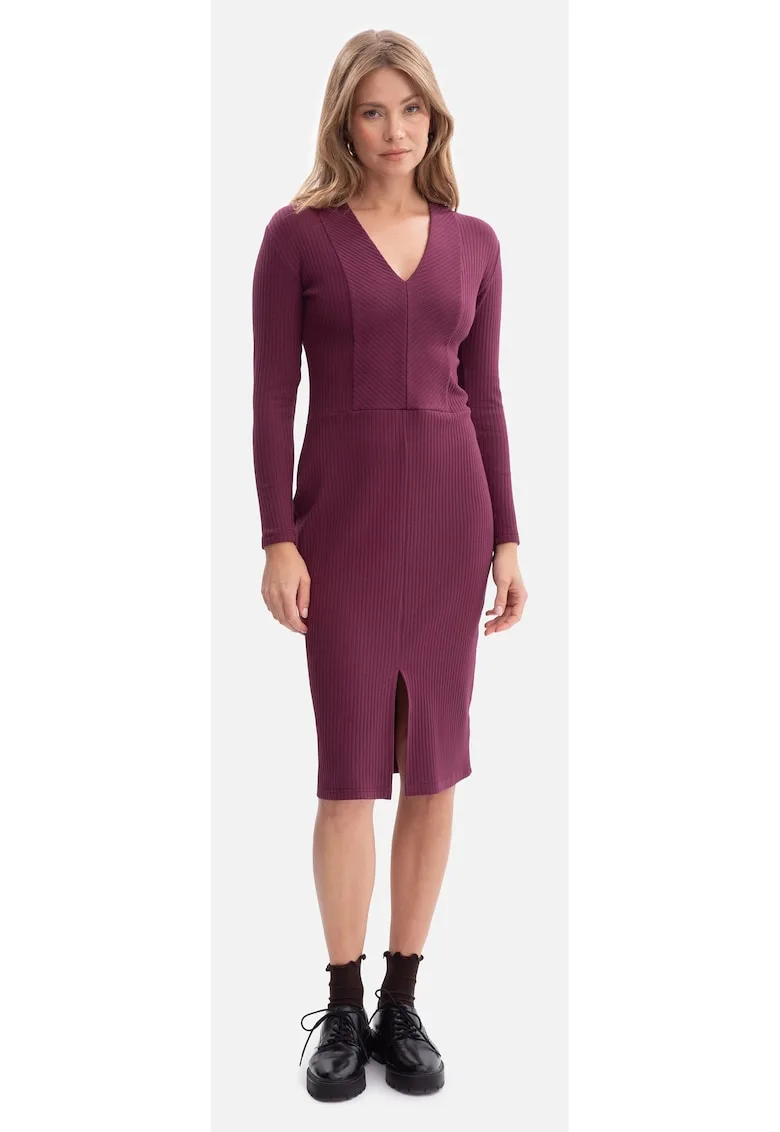 Rochie creion - B307 Pruna maneci lungi - decolteu in V - Tiv ondulat - fara captuseala - lungime midi