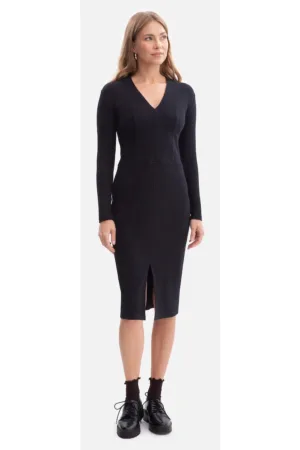 Rochie creion - B307 negru maneci lungi - decolteu in V - dantela - fara captuseala - lungime midi