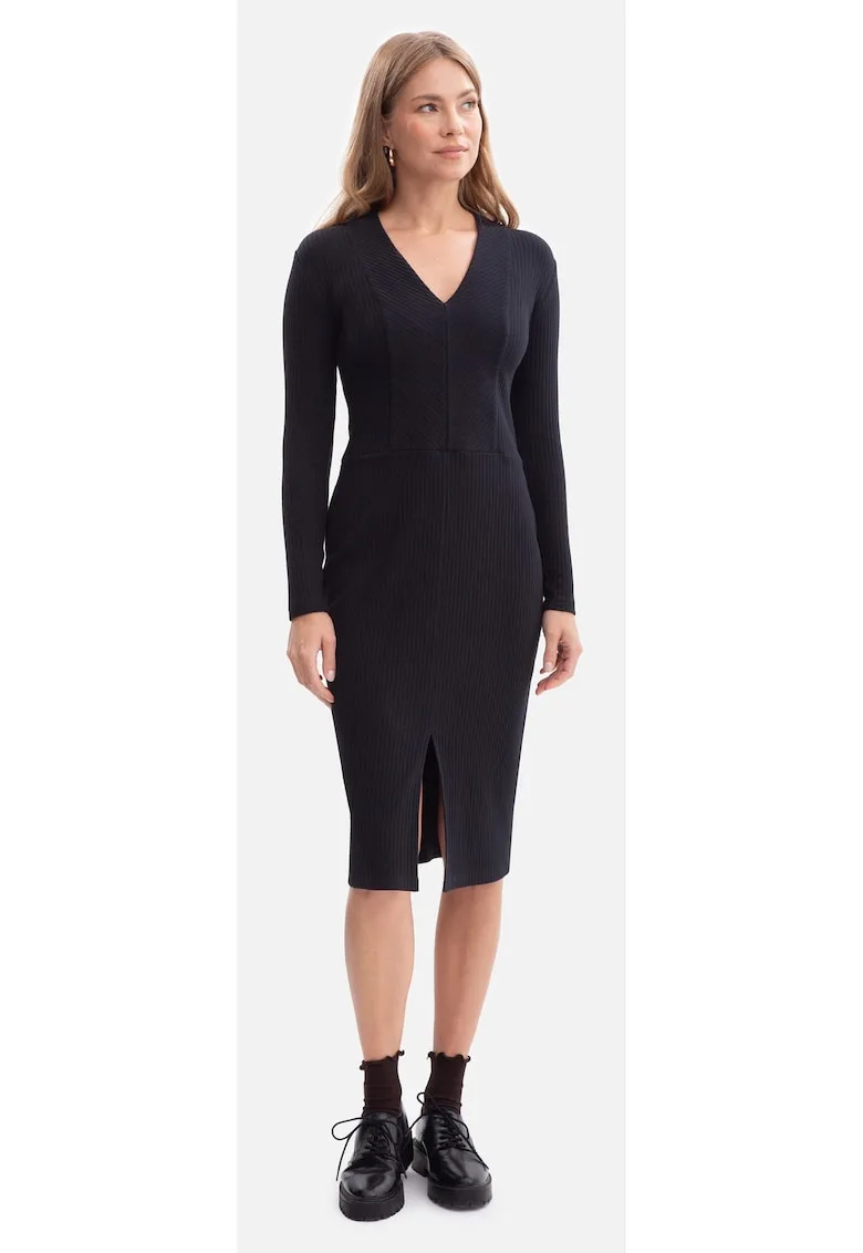 Rochie creion - B307 negru maneci lungi - decolteu in V - dantela - fara captuseala - lungime midi