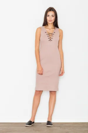 Rochie creion M487 - roz - bumbac - decolteu in V - lungime midi