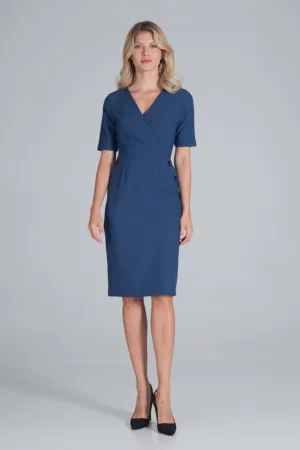 Rochie creion albastra - cu maneca scurta - poliester