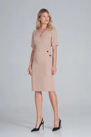 Rochie creion bej - midi - cu decolteu plic - maneci scurte - 100% poliester
