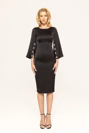 Rochie creion cu aspect de satin si nasturi tip bijuterie