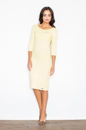 Rochie creion galben - bumbac - decolteu barca - maneci 3/4 -