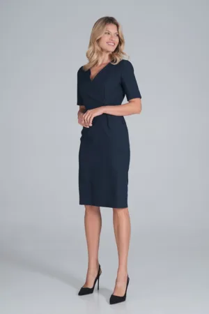Rochie creion model M851 - bleumarin - poliester - maneci scurte -