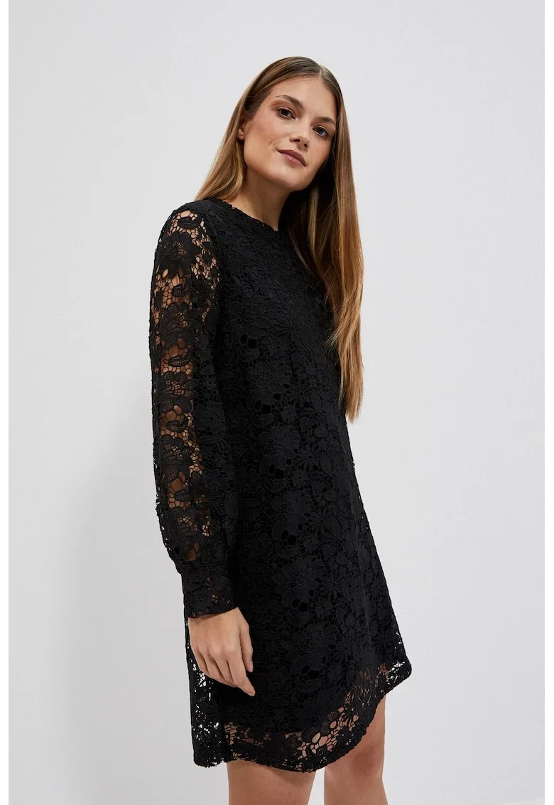 Rochie neagră din dantelă - decolteu rotund - maneci lungi