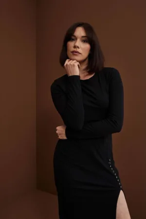 Rochie cu Dungi  neagra - XS - cu maneci lungi si decolteu in V