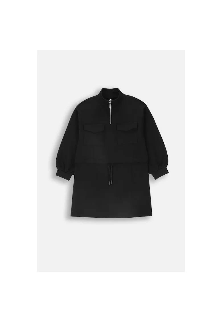 Rochie cu buzunare aplicate si cu fenta cu fermoar - Negru