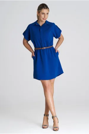 Rochie cu centura - albastra - poliester