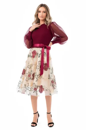 Rochie cu croiala in A - model floral si cordon in talie