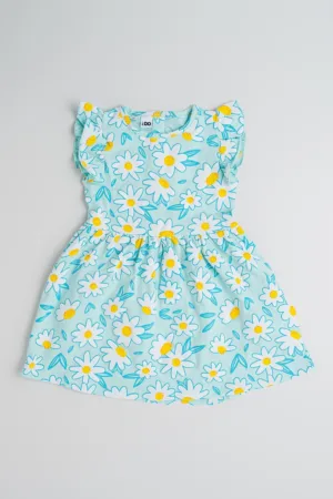 Rochie cu croiala in A - model floral si maneci cu volane