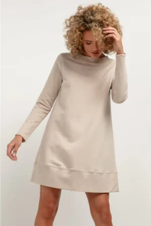 Rochie cu croiala in A si maneca lunga T378 bej deschis