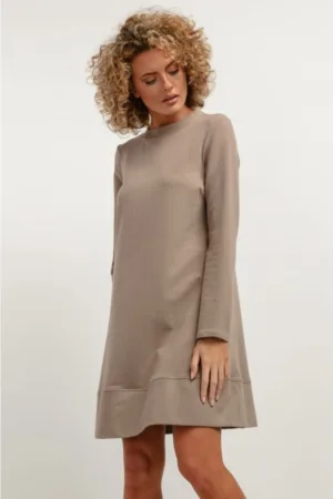 Rochie cu croiala in A si maneca lunga T378 cappuccino