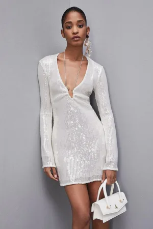 Rochie cu croiala slim - cu decolteu in V - din tul elastic cu paiete