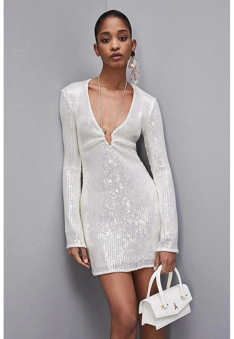 Rochie cu croiala slim - cu decolteu in V - din tul elastic cu paiete