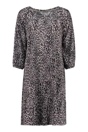 Rochie cu decilteu rotund si animal print - Negru - Bej deschis -
