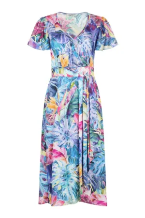 Rochie cu decolteu cache-coeur si imprimeu tropical
