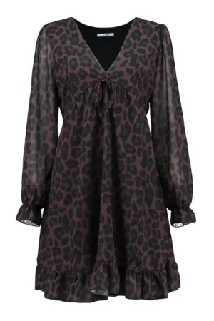 Rochie cu decolteu in V - model animal print si maneci lungi