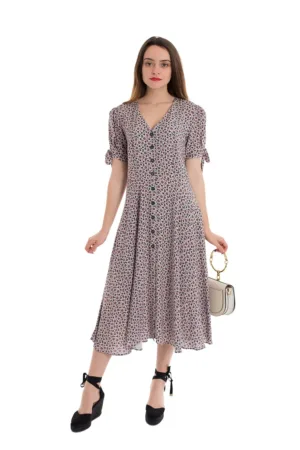 Rochie cu decolteu in V - nasturi si model floral Roza