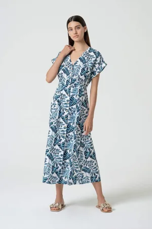 Rochie cu decolteu in V si imprimeu tropical