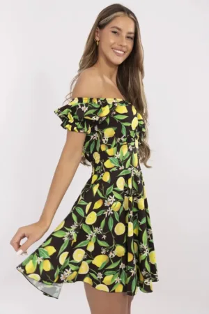 Rochie cu decolteu pe umeri si imprimeu cu citrice -