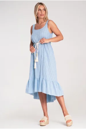 Rochie cu dungi - asimetrica - volane - albastru deschis - bumbac -
