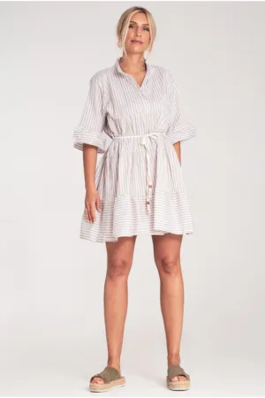 Rochie cu dungi - maneci largi - bej -