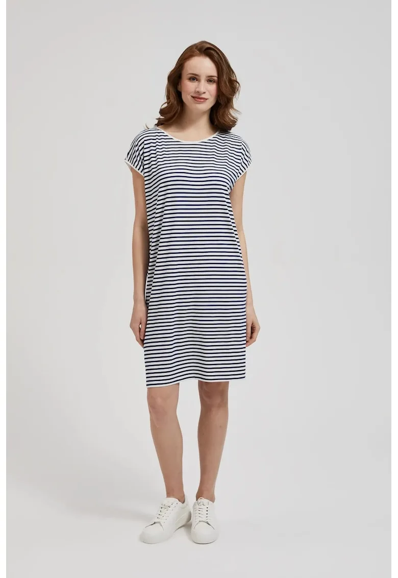 Rochie cu dungi pana la genunchi alba si albastra