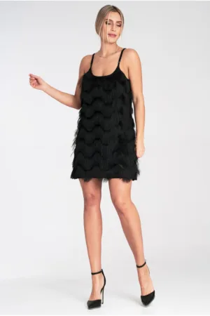 Rochie cu franjuri - neagra - eleganta - fara maneci - din poliester -