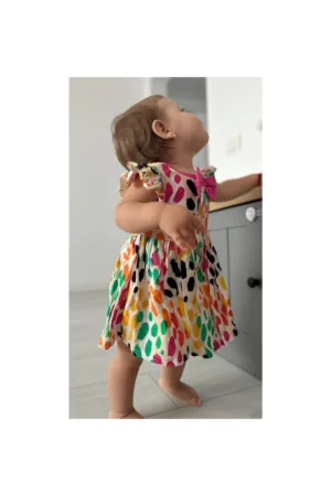 Rochie cu fundita roz si volane la maneci - Hope - Bej cu buline colorate - pentru fetite