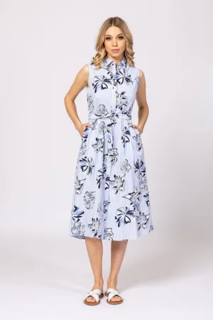 Rochie cu imprimeu - croiala in A si buzunare - Albastru lavanda - Alb optic - Bleumarin -