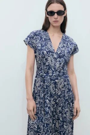 Rochie cu imprimeu floral si decolteu in V - Albastru inchis - Crem -