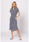 Rochie cu imprimeu si cordon in talie - Alb optic - Bleumarin -