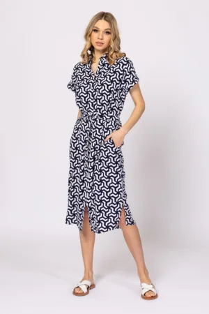 Rochie cu imprimeu si cordon in talie - Alb optic - Bleumarin -