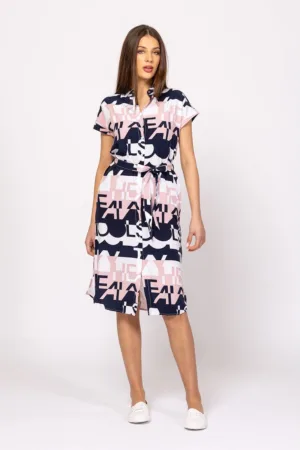 Rochie cu imprimeu si cordon in talie - Alb optic - Roz prafuit - Bleumarin -