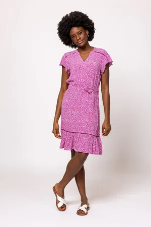 Rochie cu imprimeu si cordon in talie - Roz orhidee - Alb optic -