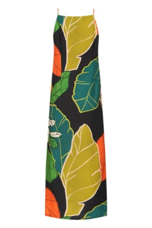 Rochie cu imprimeu tropical si decolteu patrat