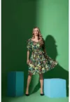 Rochie cu imprimeu tropical si maneci bufante